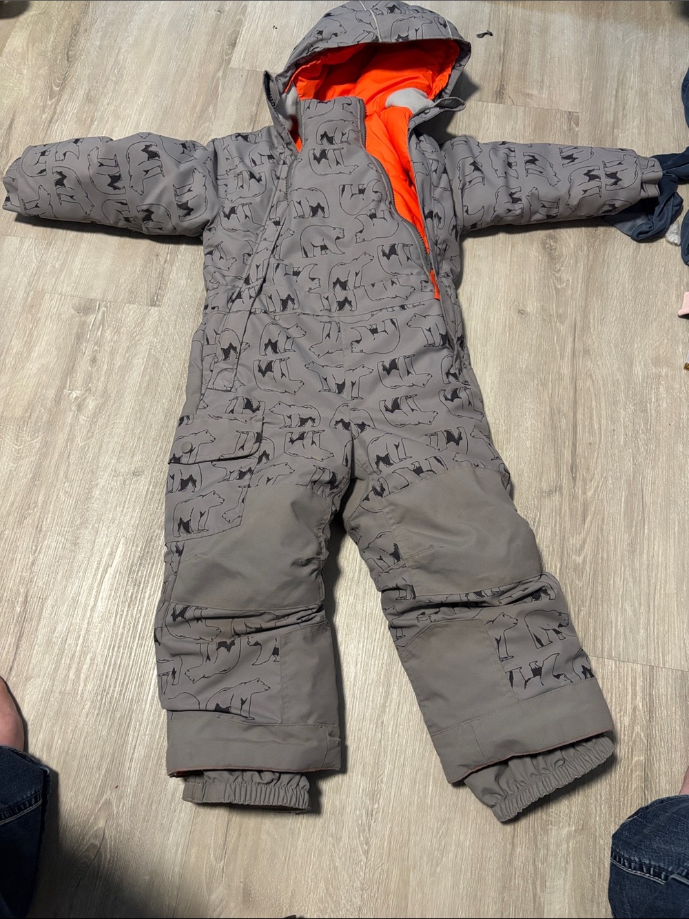 MEC Grey Bear-Print Insulated Kids Snowsuit with Orange Lining